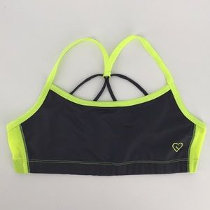 Sports bra neon yellow gray strappy back no pads